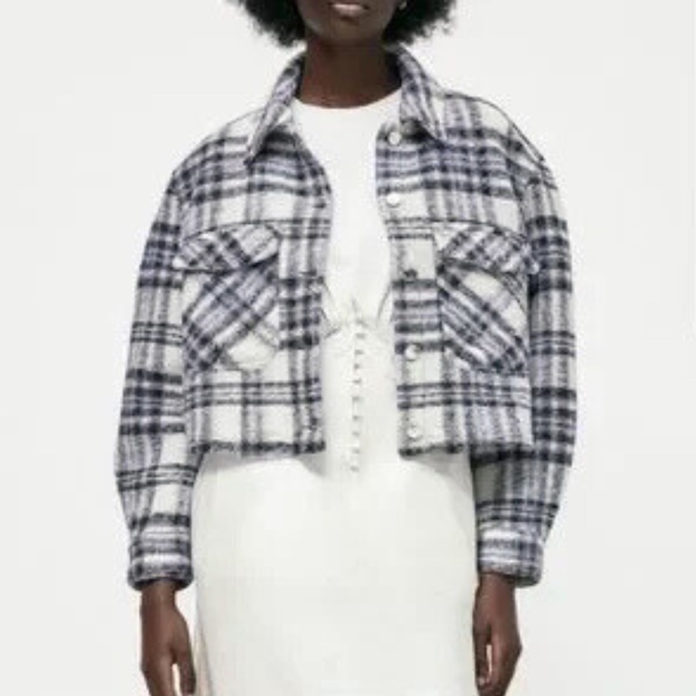 Zara Blue Plaid Cropped Shacket (Shirt Jacket) L